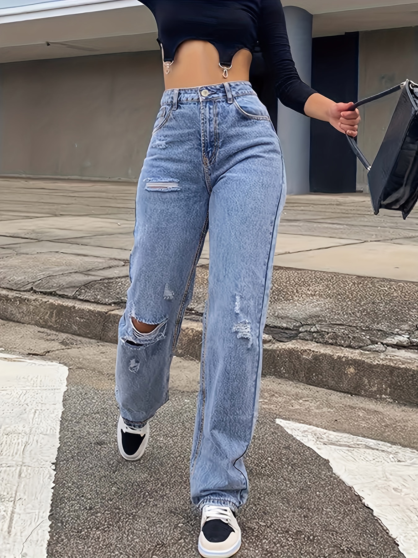 High * Ripped Loose Boyfriend Jeans, Straight Leg Distressed Stacked Mom  Jeans, Women's Denim Jeans & Clothing