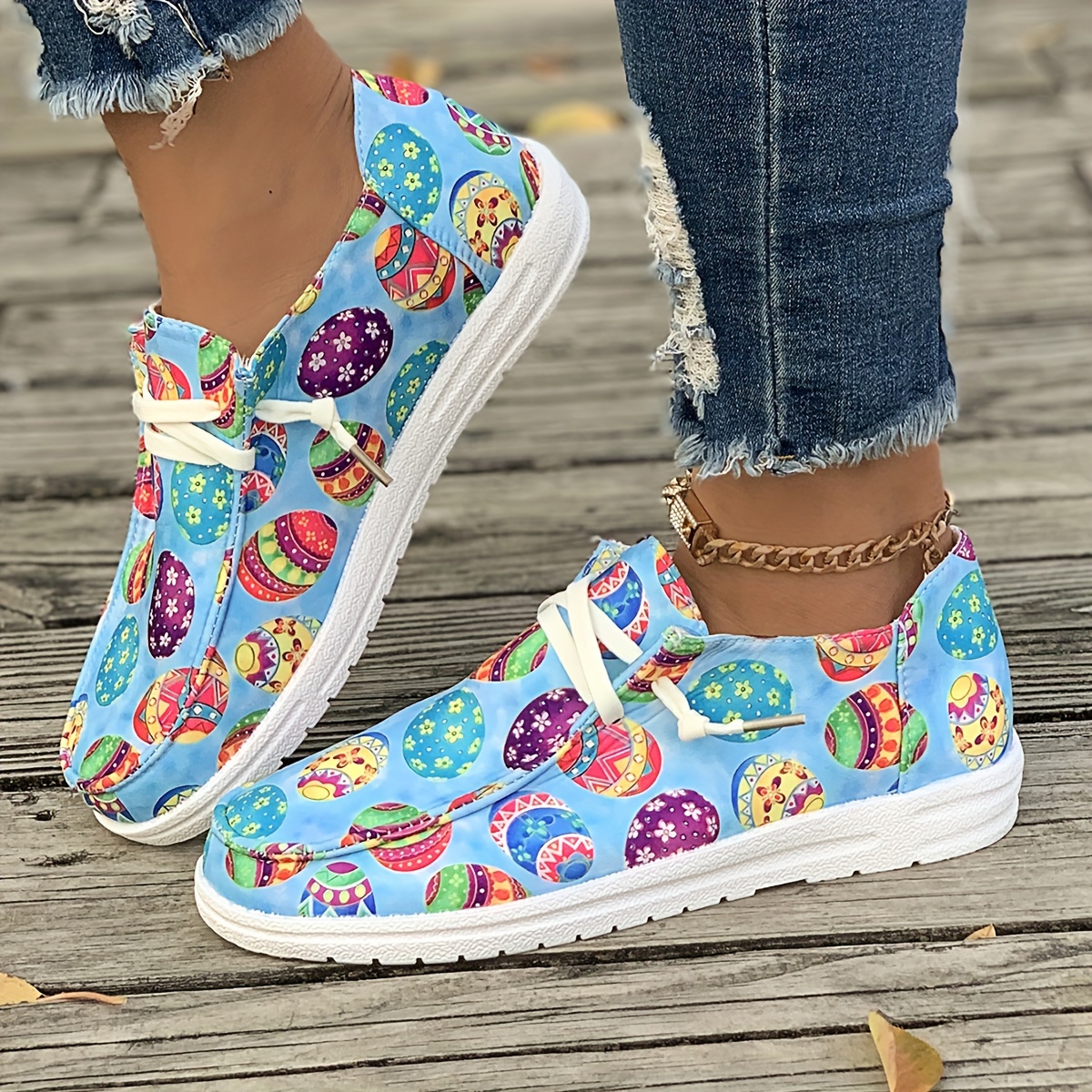 

Women's Fashion Skateboard Shoes, With Colorful Eggs Pattern On The Shoe Surface, Flat And Lightweight Skate Shoes With Lace-up Design For Easter