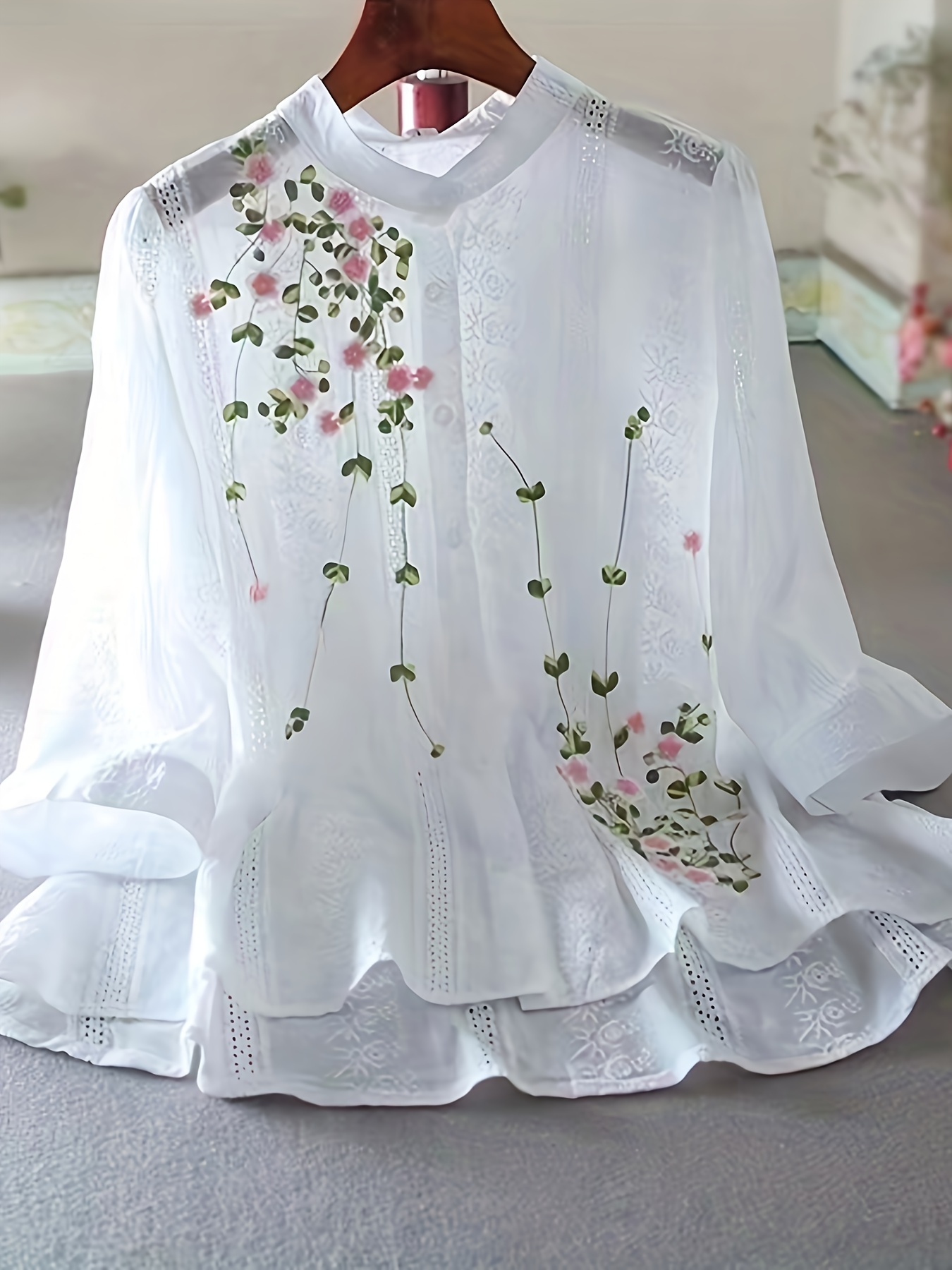 Floral Embroidered Button Front Blouse, Vintage Eyelet Blouse For Spring & Fall, Women's Clothing
