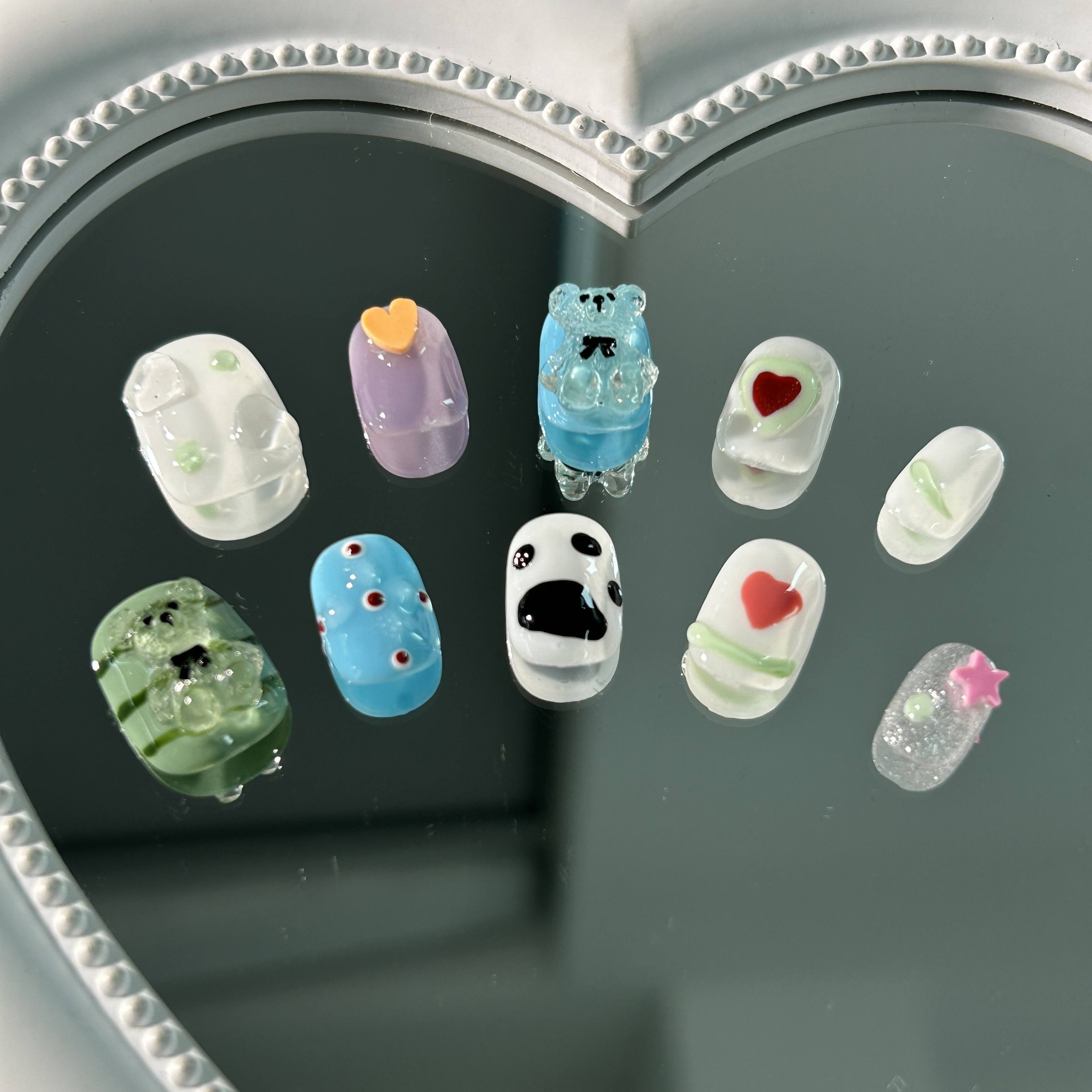 24pcs Cute Cartoon Fake Nails, Press On Nails With 3d Kawaii Bear Rabbit  And Heart Flower