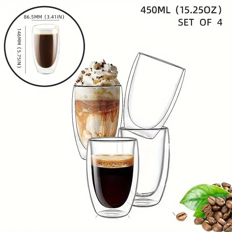 Double Wall Insulated Glass Cups Set of 2 Clear Coffee Mugs 15 oz/ 450ml, Size: Large