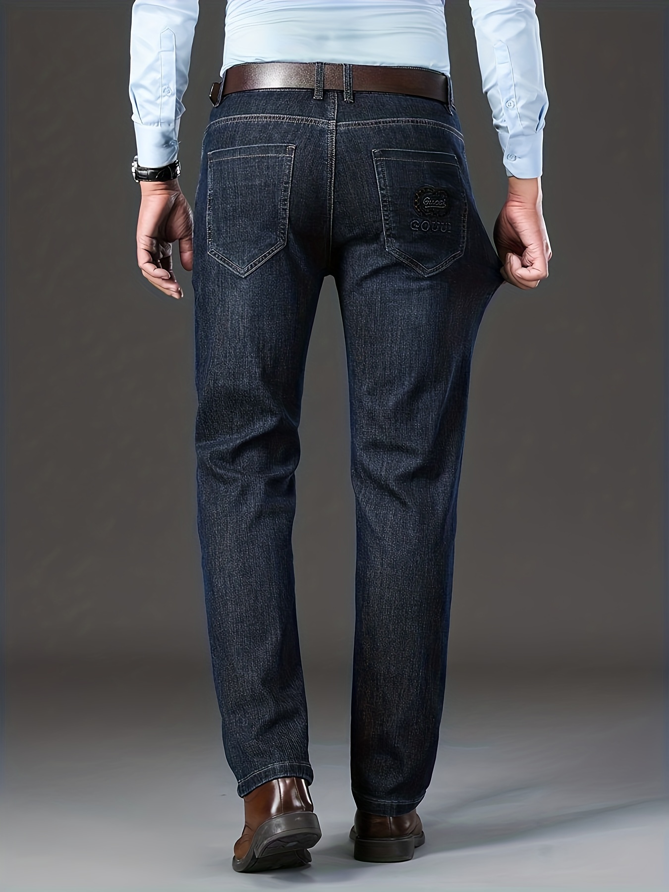 Mens Jeans Autumn Denim Pants Slim Straight Dark Blue Regular Fit