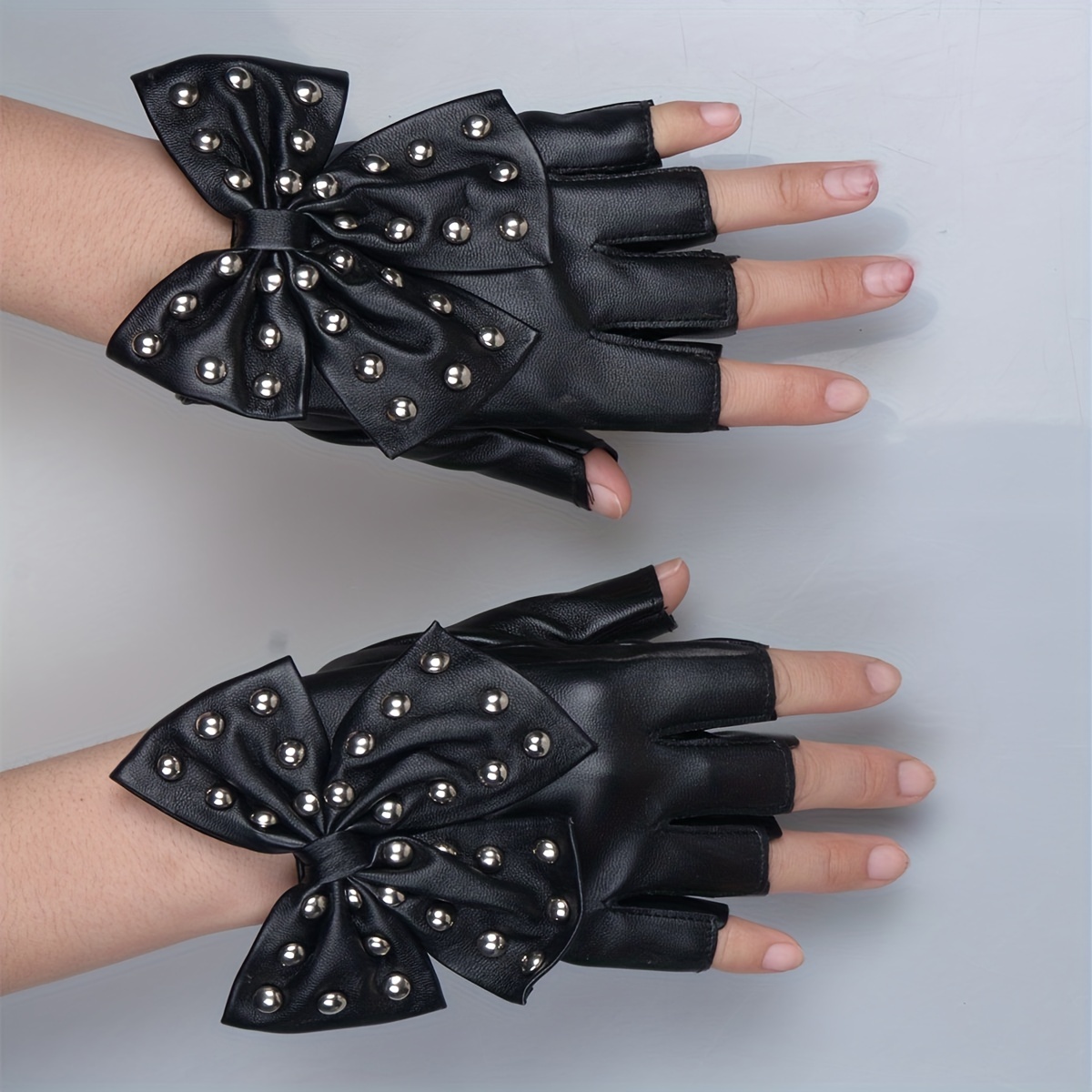 Women Girls Punk Rivets Half Finger Gloves