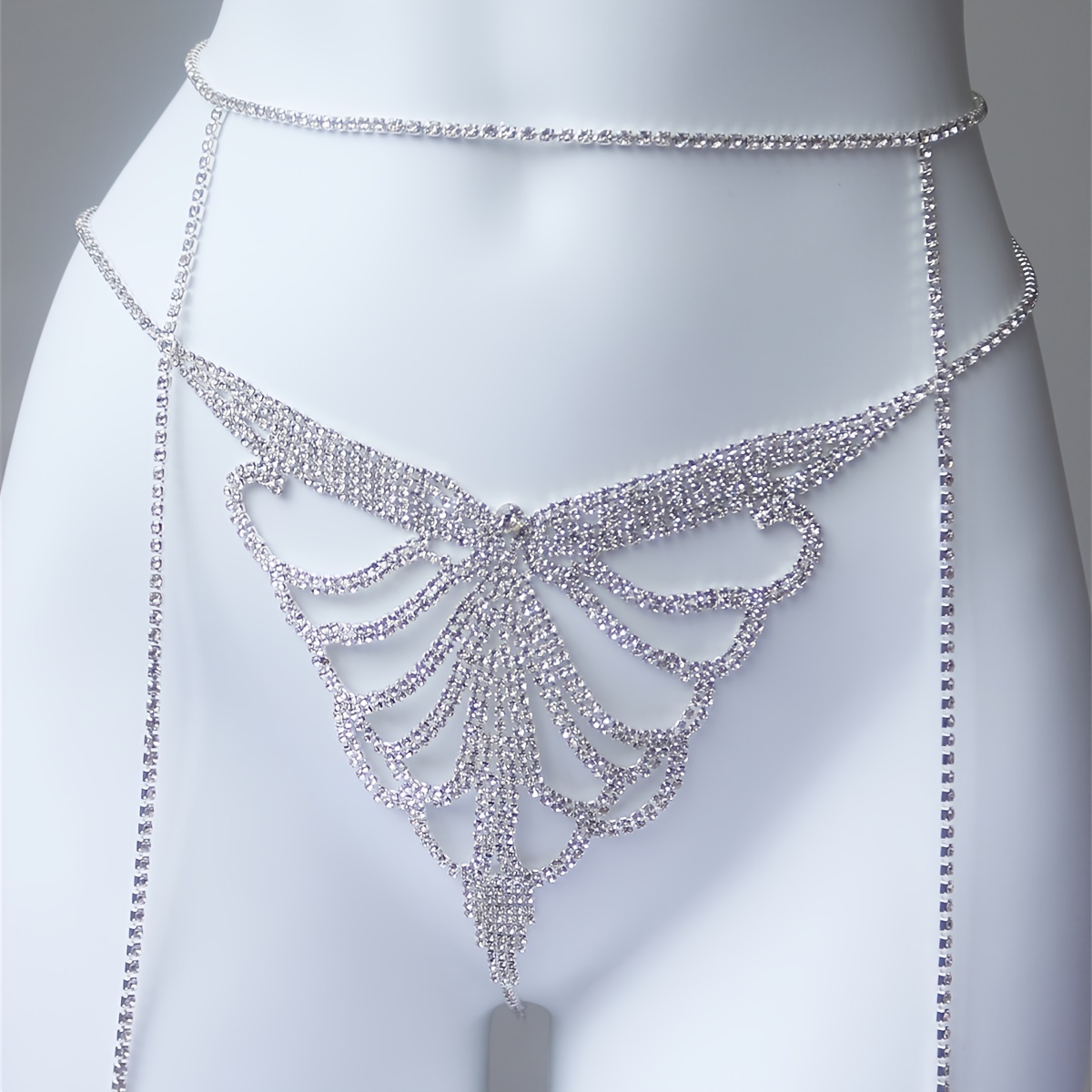 Silver Rhinestone Body Chain Cross Over Necklace Bra Harness Belly
