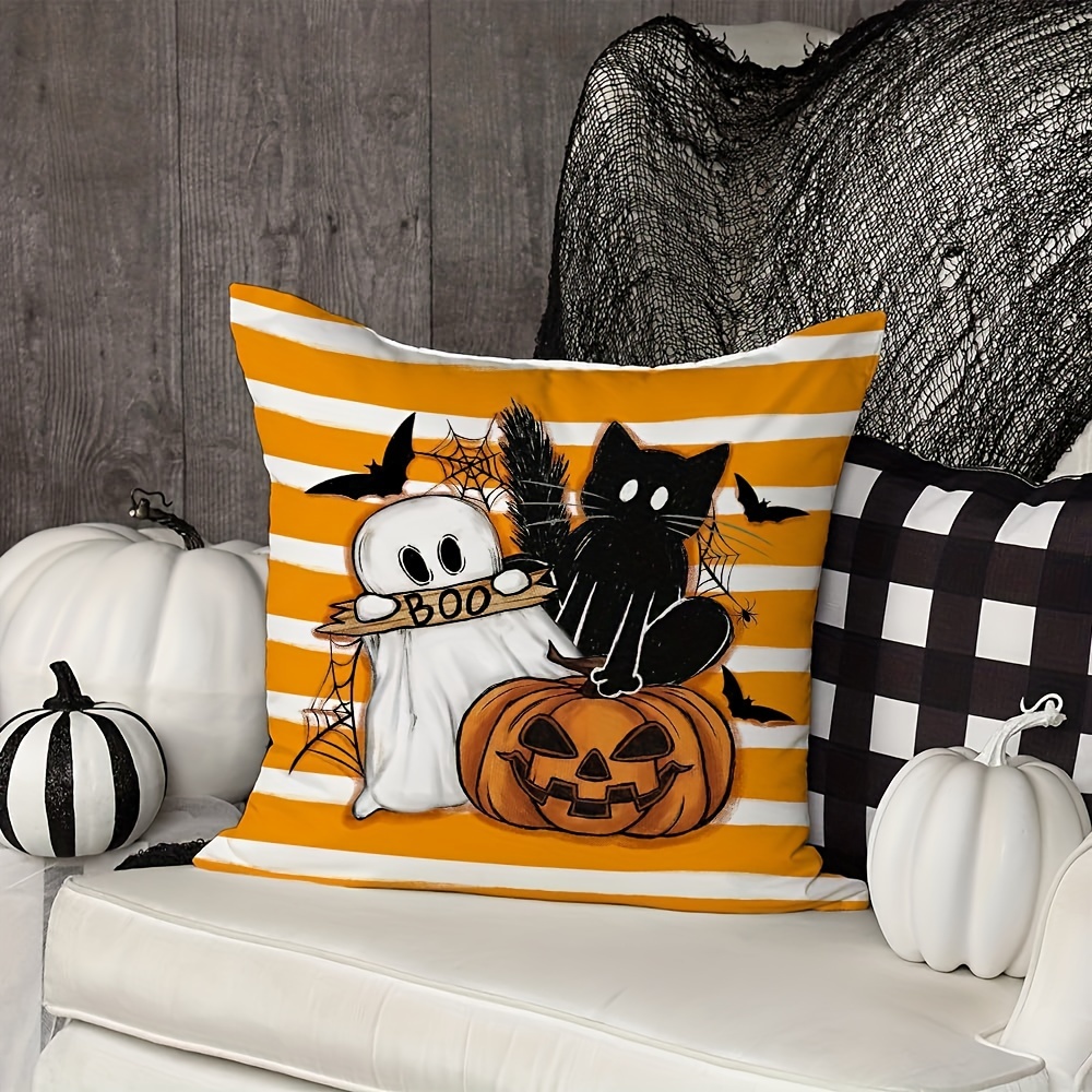 Halloween Decoration Pillow Cover Orange Ghost Spider Bat Pumpkin