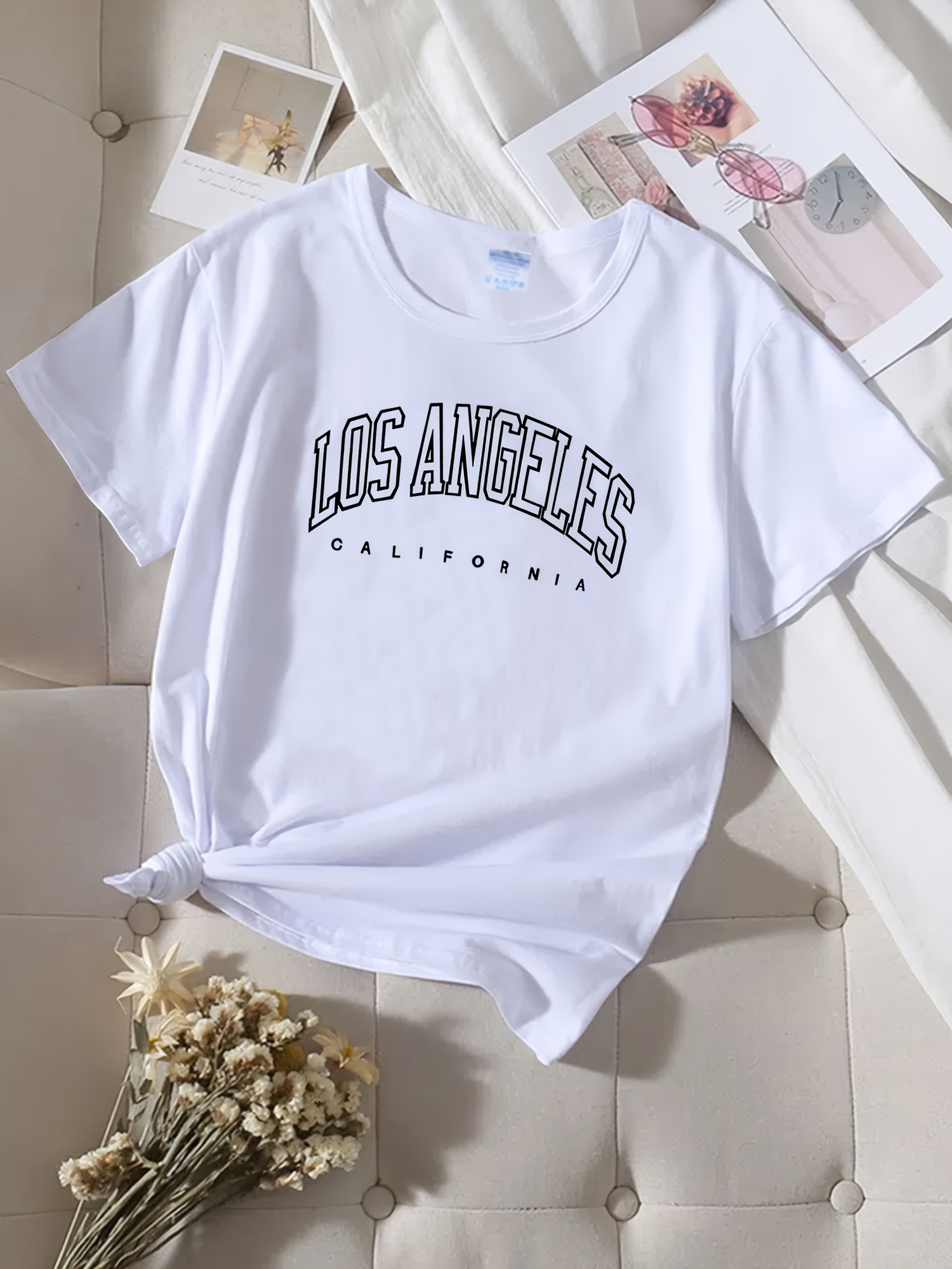 Temu Letter Graphic Crew Neck Cotton Blend T-Shirt, Blouses, Tee, Women's Los Angeles Letter Print Casual Loose Short Sleeve Fashion Summer Women's