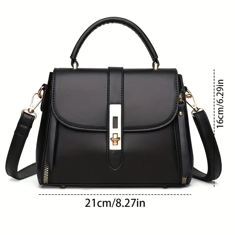 turn lock square handbag solid color crossbody bag womens pu leather flap purse details 3