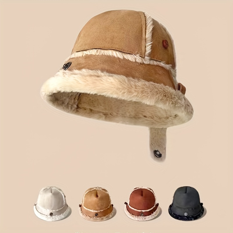 Velvet Lined Suede Bucket Hat Detachable Strap Thick Warm - Temu