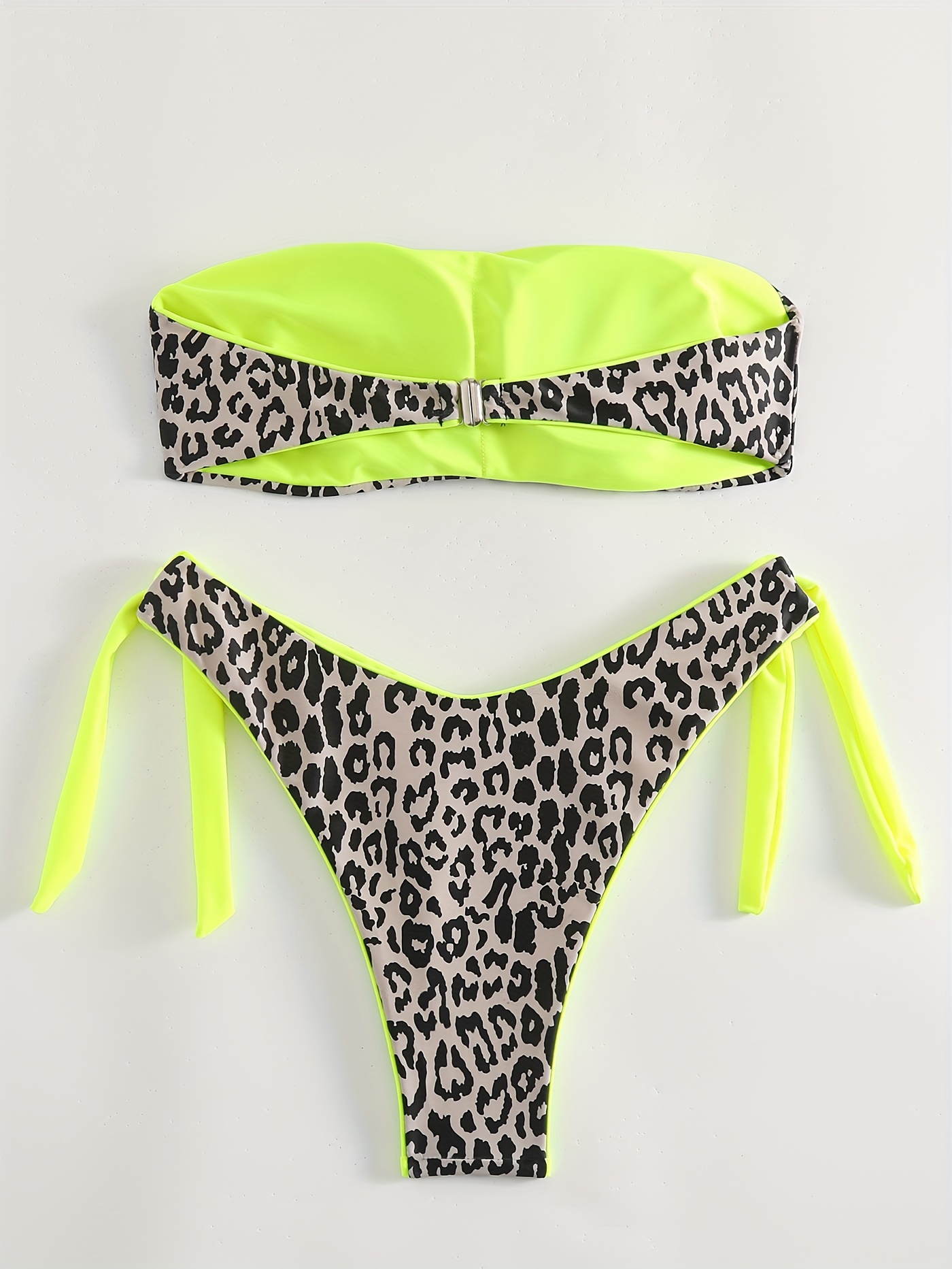 Leopard Print Color Block Neon Color 2 Piece Set Bikini, Bandeau Tie Side  Stretchy High Cut Swimsuits, Women's Swimwear & Clothing