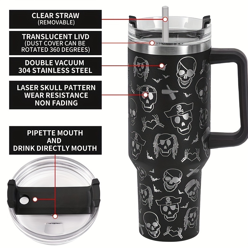 Skull Pattern Tumbler With Lid And Straw 304 Stainless Steel - Temu