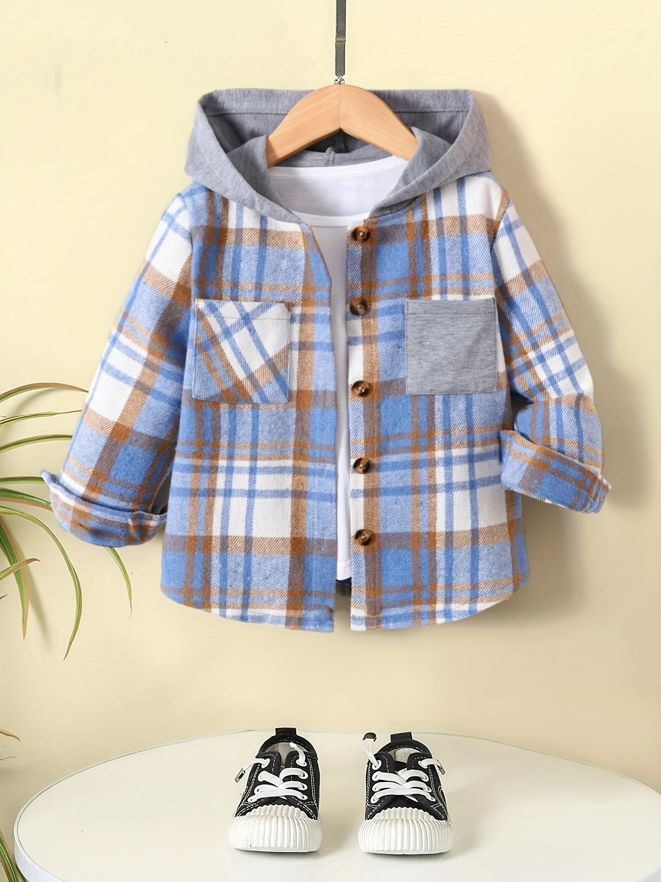 Boy's Plaid Hooded Button Up Shirt