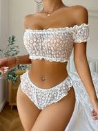 mesh embroidery lingerie set ruffle crop top thong womens sexy lingerie underwear