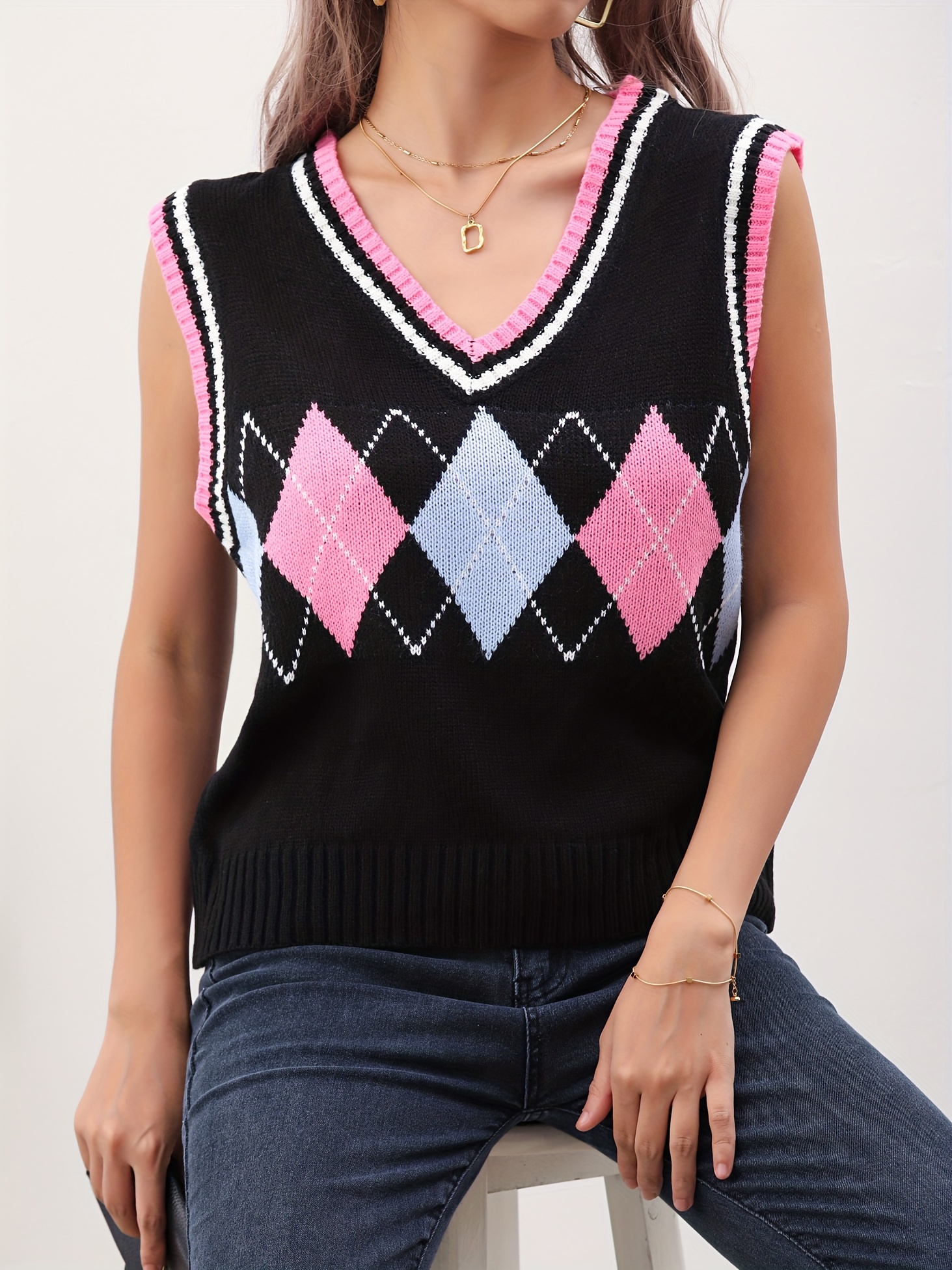 chaleco tipo suéter cuello bloques color cuadros rombos Temu