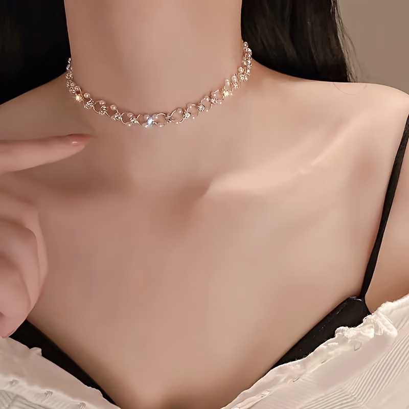

Imitation Pearl Rhinestone Handmade Chain Choker Necklace Banquet Style Necklace Jewelry Gift
