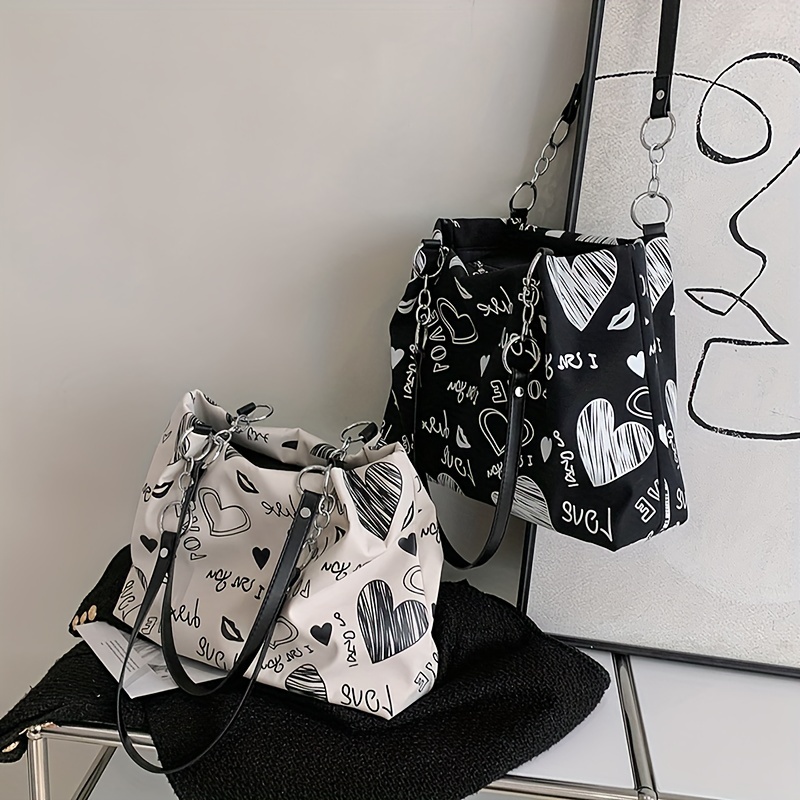 Love Graffiti Print Tote Bag, Aesthetic Pu Leather Handbag