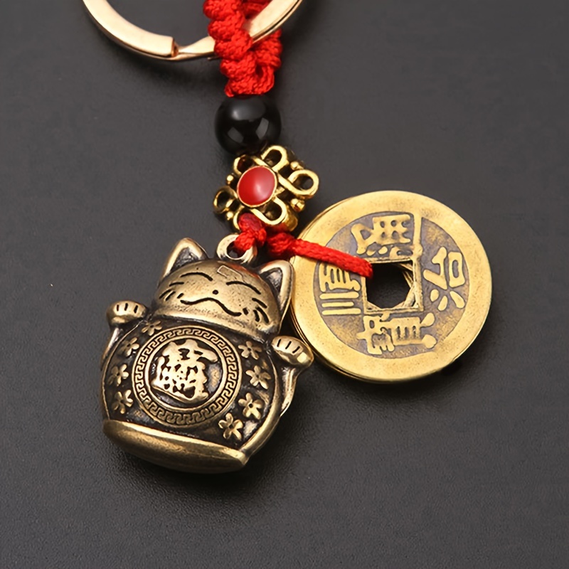 

1pc Pure Handmade Brass Lucky Cat Car Keychain For Men, Lucky Cat 5 Emperors Money Keychain, Coins Solid Lucky Key Rings