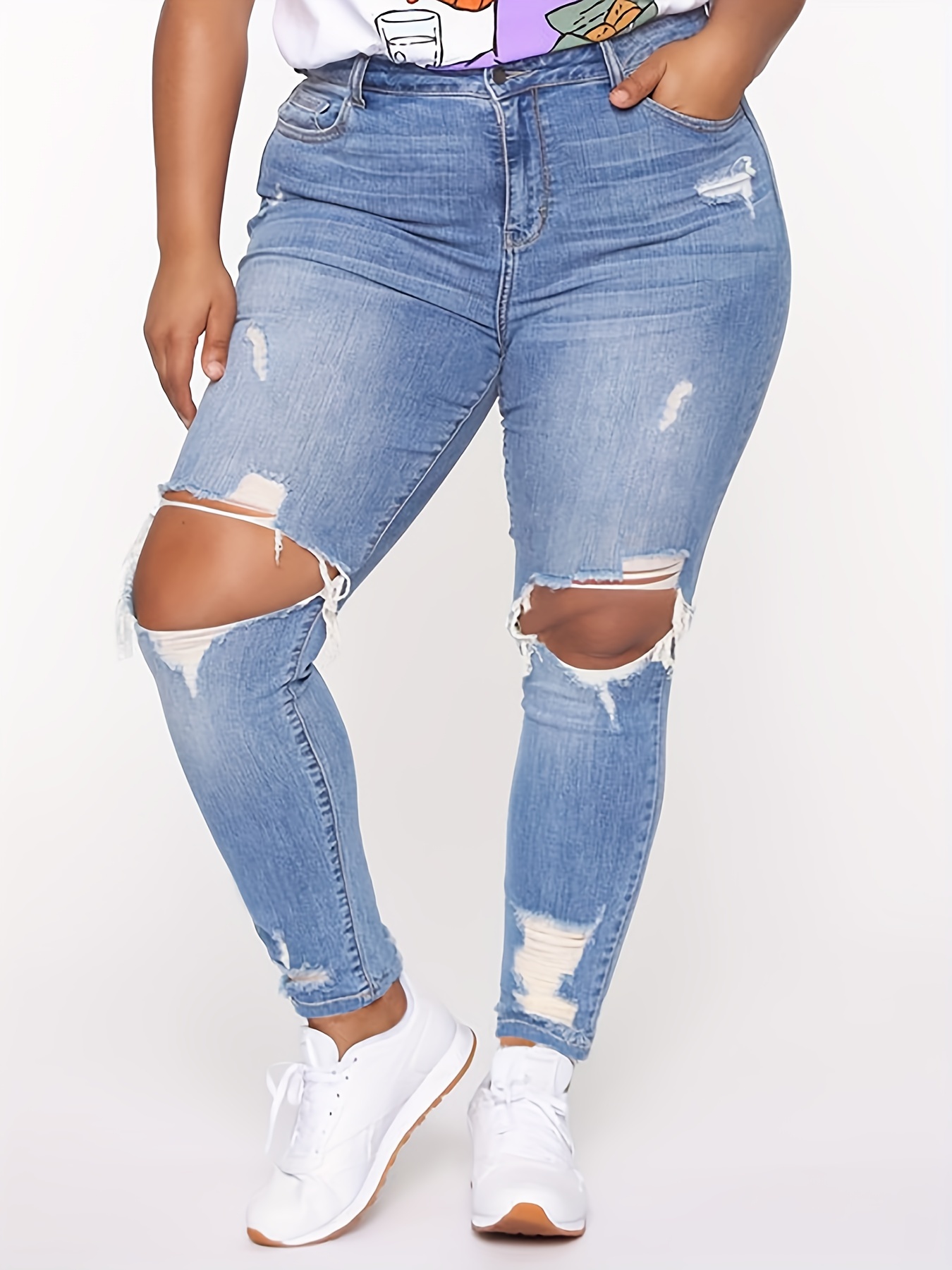 Plus Size Casual Jeans Women's Plus Ripped Button Fly Medium - Temu
