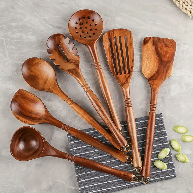 7 piezas, juego de cucharas y espátula de madera para cocinar, juego de  utensilios de cocina