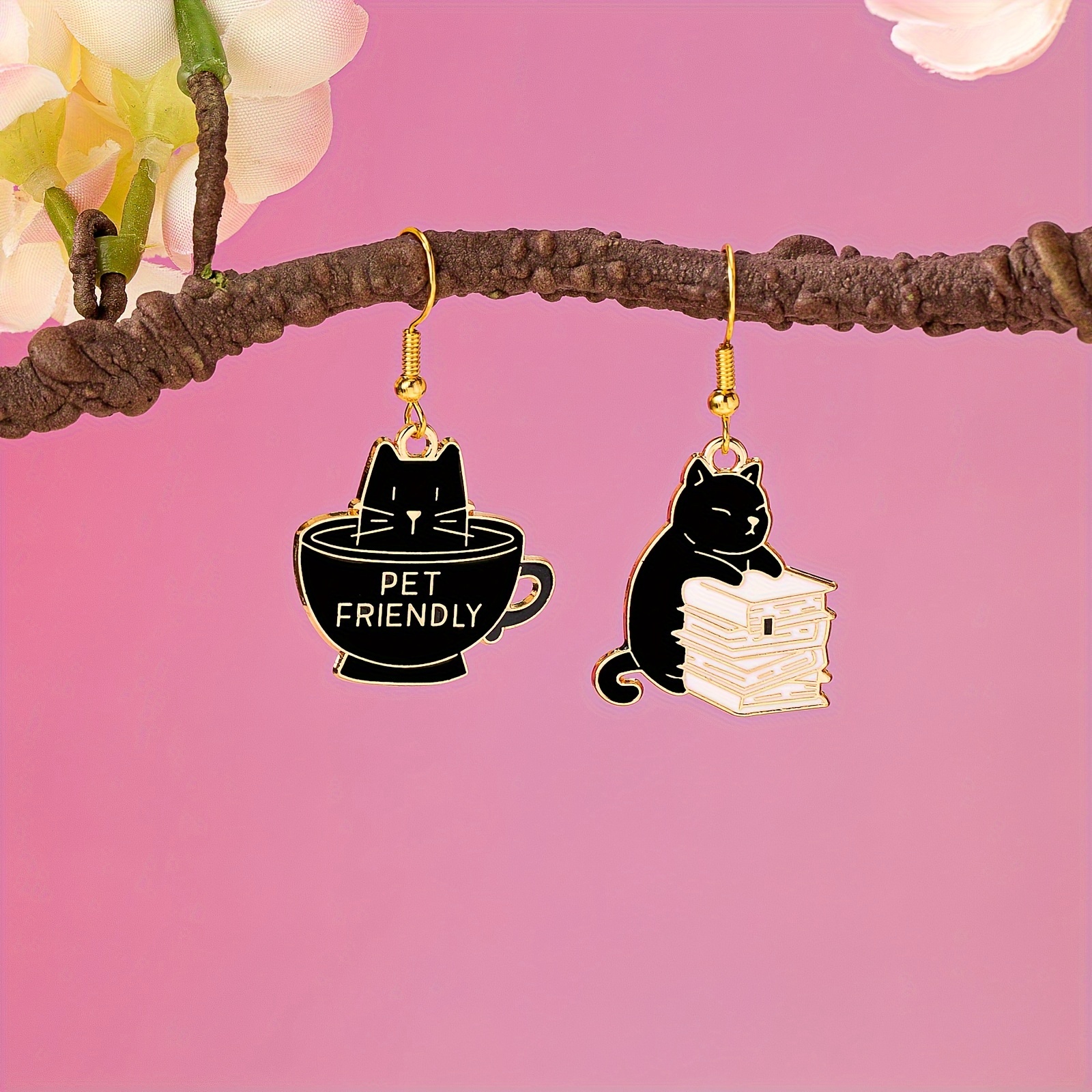 Enamel Coffee Cup Book Cat Design Dangle Earrings Cartoon - Temu United ...