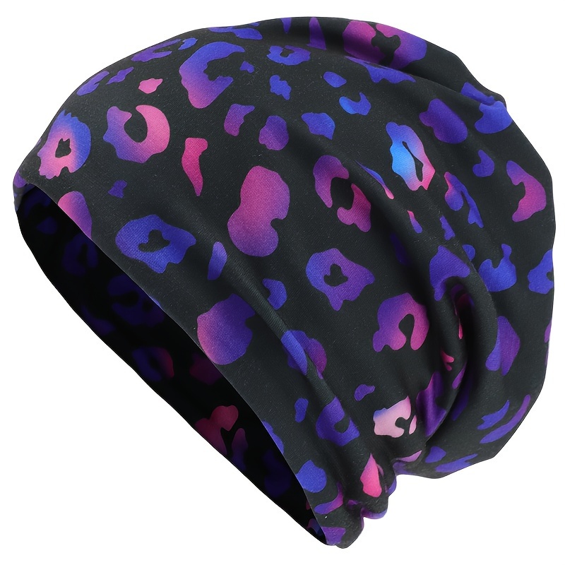 Trendy Leopard Print Slouchy Beanie Hip Hop Elastic Skull Neck Gaiter Soft Beanies Chemo Cap For