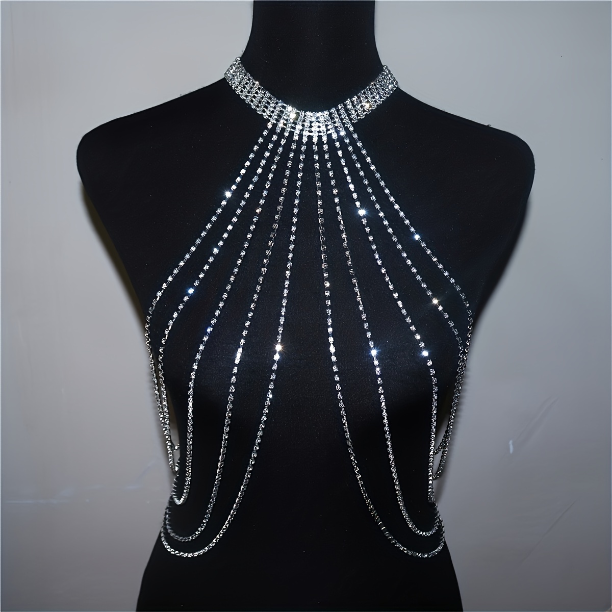 Sexy Multi Layers Rhinestone Long Tassel Necklace Chest - Temu