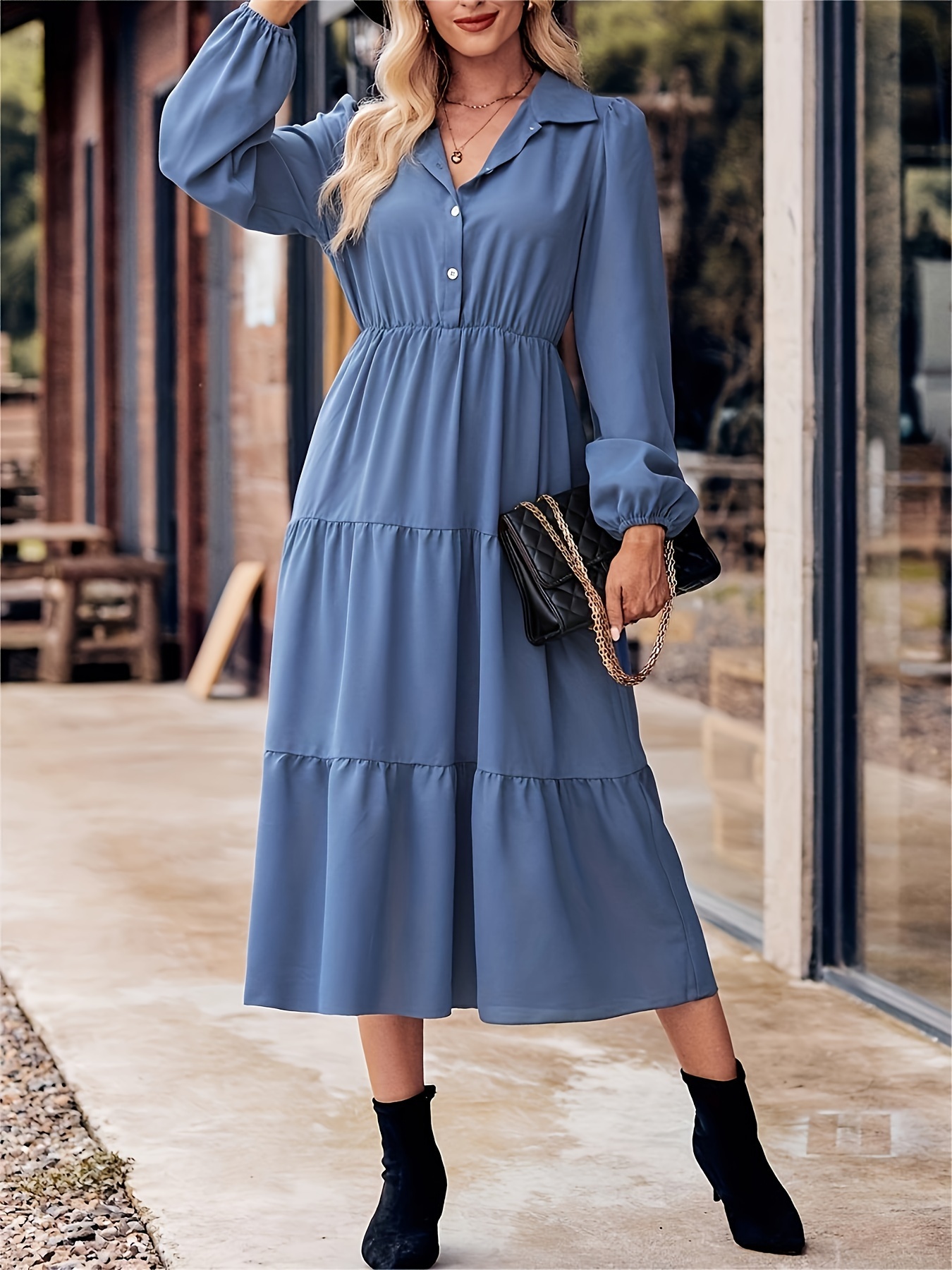 solid button front dress elegant long sleeve midi dress womens clothing