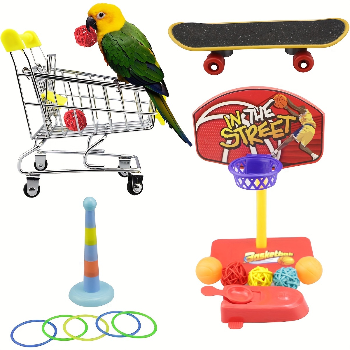 

5pcs Bird Training Toys For Parrots, Parrot Intelligence Toy, Mini Shopping Cart, Basketball Stacking Rings, Bird Toy