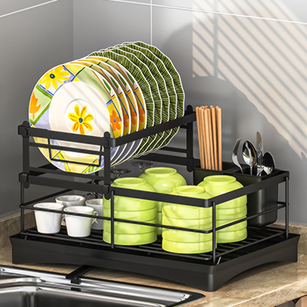 Retractable 2 Tier Dish Rack With Drainage Spout Telescopic - Temu