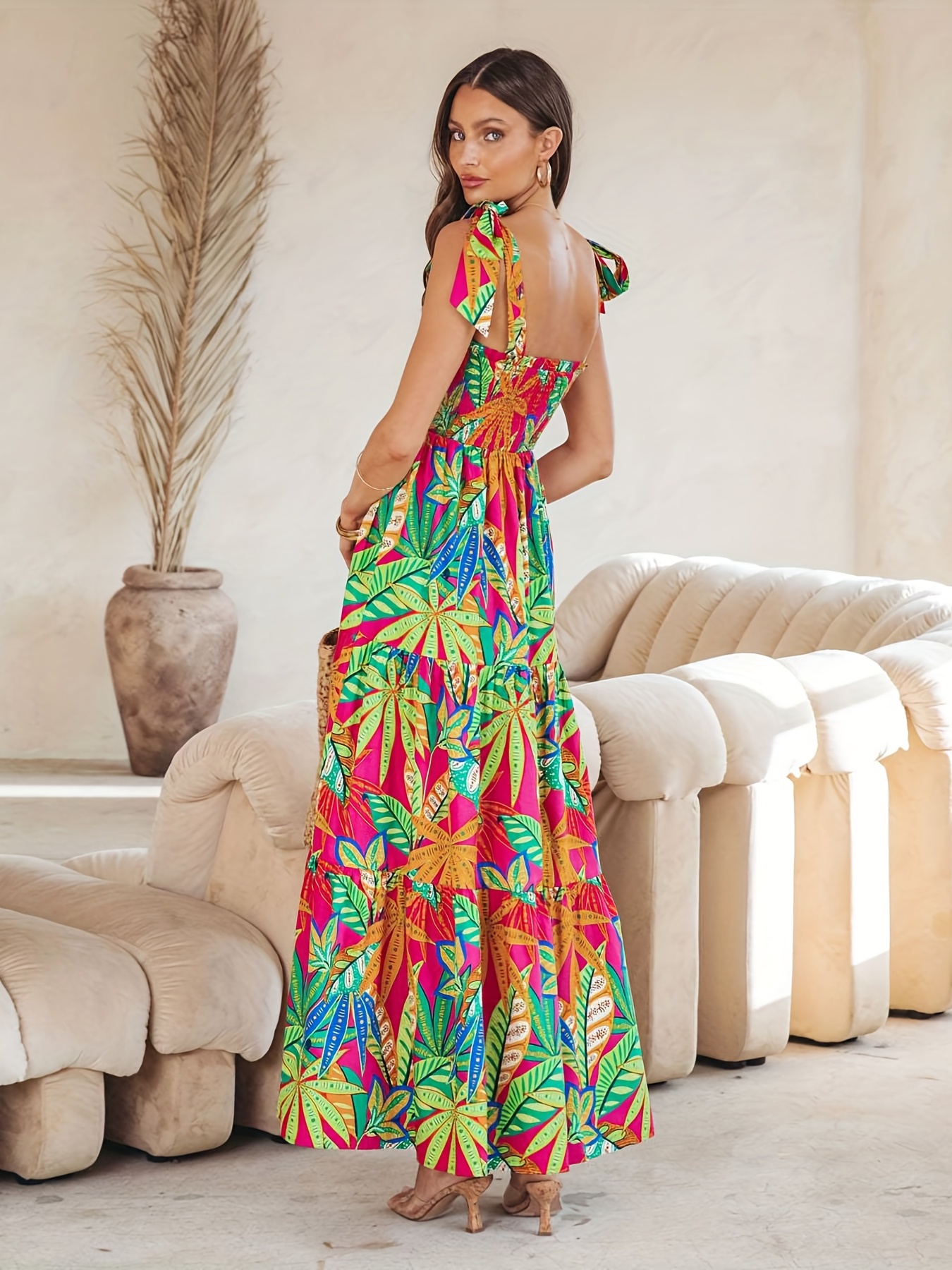 Tropical Print Dress Boho Sleeveless Summer Maxi Cami Dress - Temu