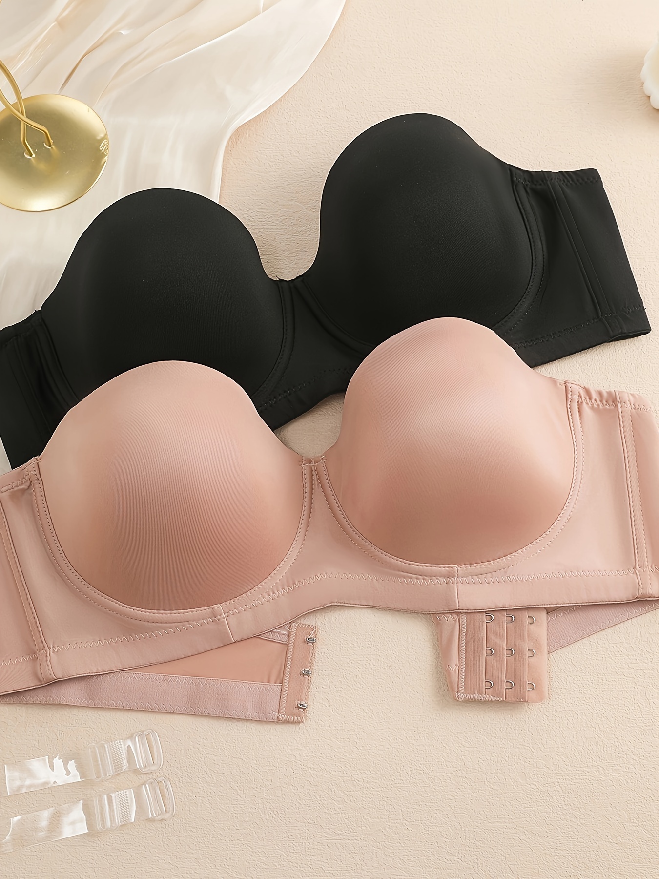 2 Pack Plus Size Simple Bras Set, Women's Plus Solid Molded Cup Multiway  Full Cover Bras With Removable Translucent Straps 2pcs Set