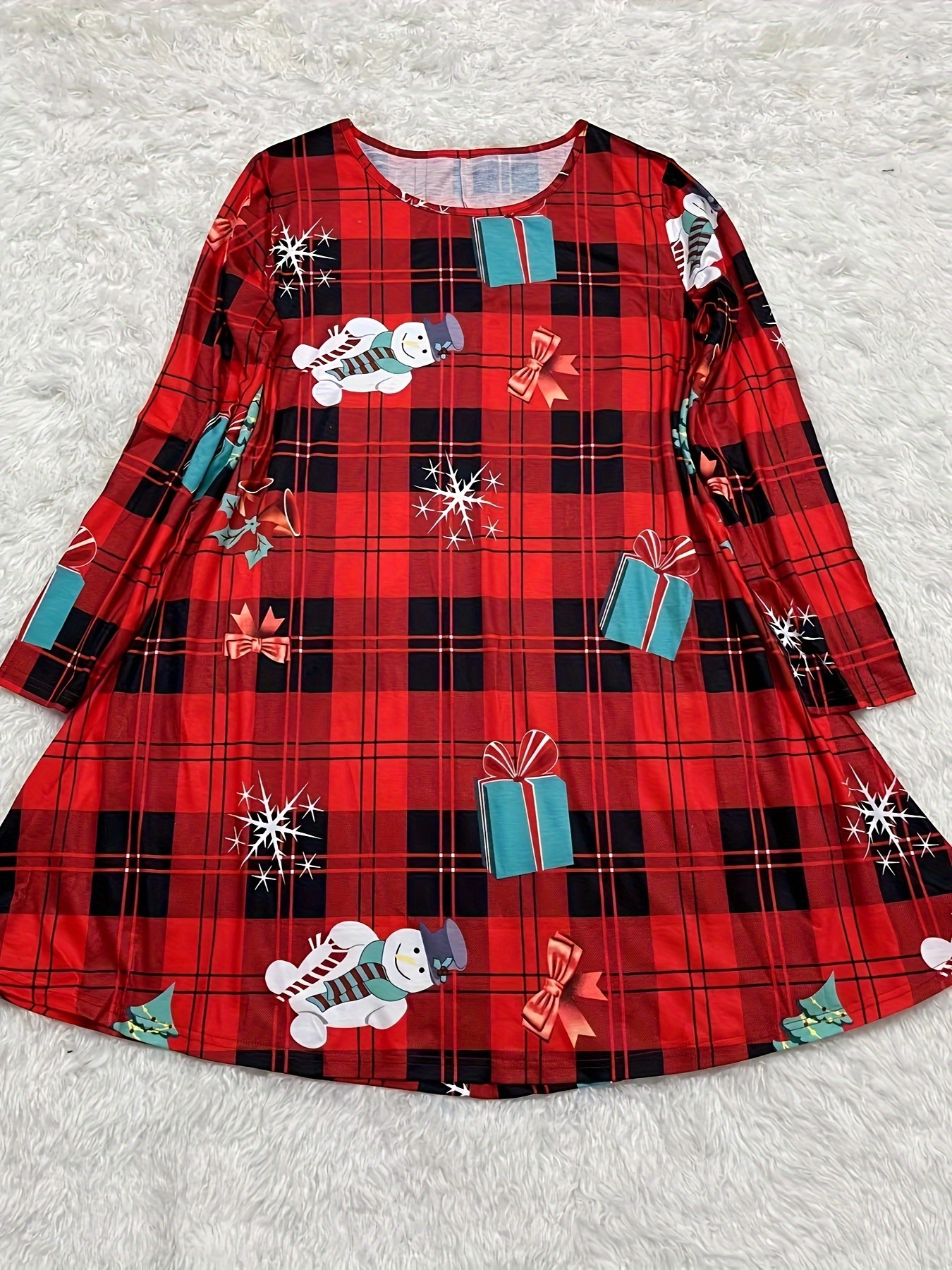 Plus Size Christmas Dress, Women's Plus Snowman & Snowflake Print Long  Sleeve Round Neck Medium Stretch Dress