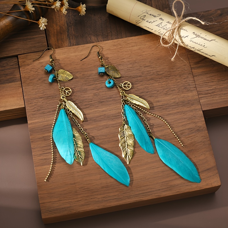 Bohemian Style Feather Tassel Drop Earrings, Leaf Decor