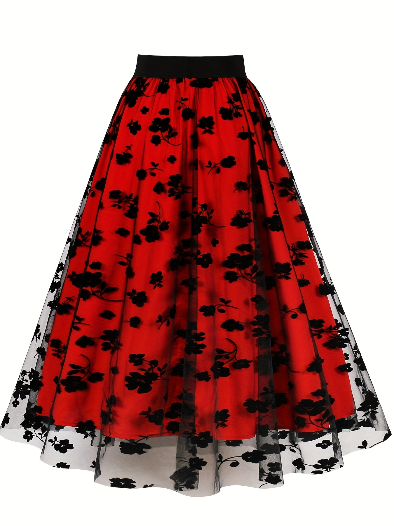 Black & Red Dress with Velvet Top, Red Sash and Black Floral Overlay Skirt,  Size S