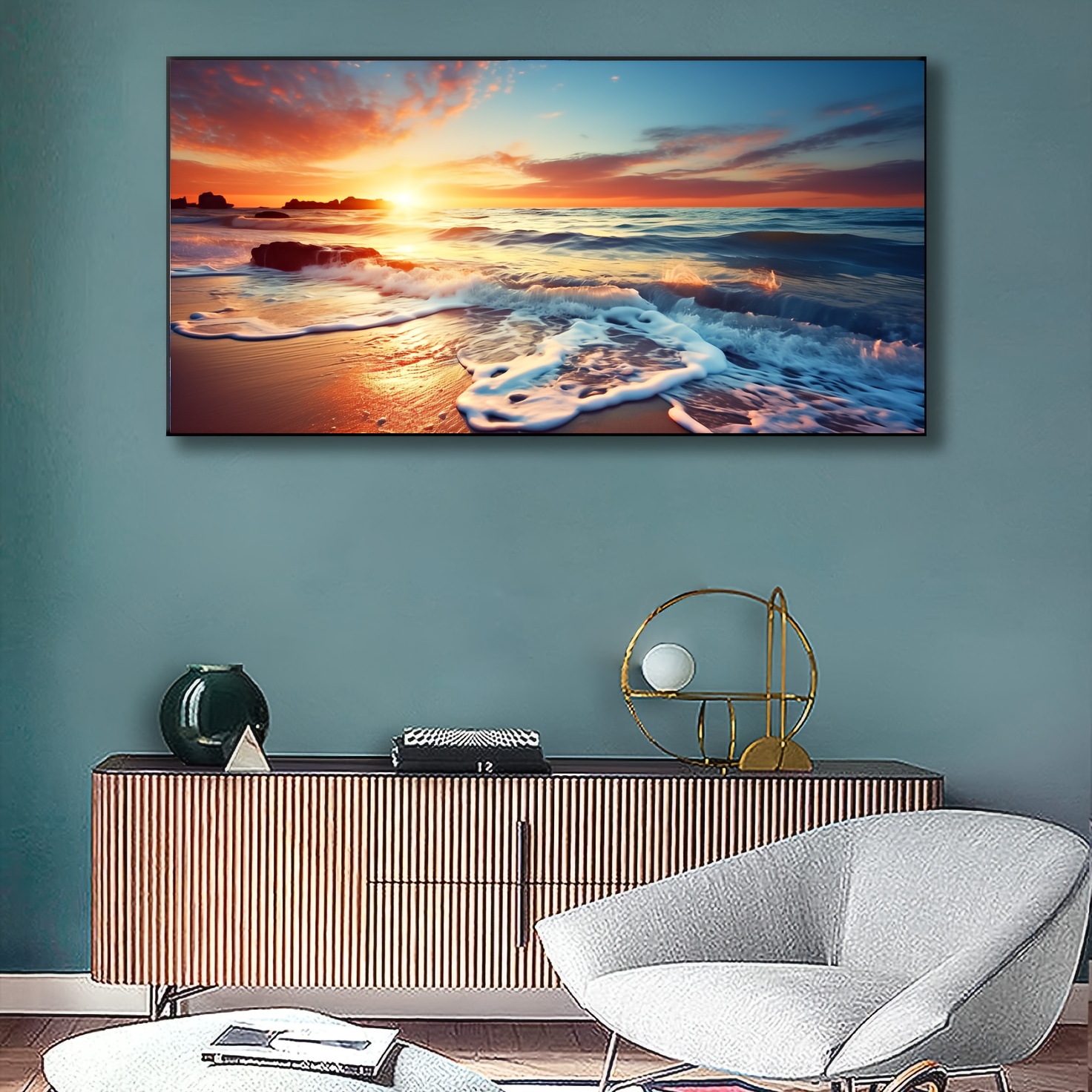 Kreative Arts Large 3 Pieces Canvas Prints Wall Art Sunset Sea Water Ocean  Wave Pictures Paintings Modern Stretched and Framed Seascape Giclee