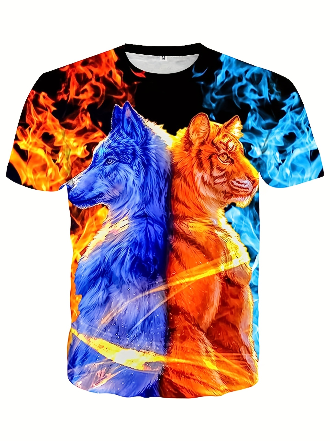 Wolf And Tiger Graphic Print Men's Creative Top, Casual Slightly Stretch  Short Sleeve Crew Neck T-shirt, Men's Tee For Summer Outdoor