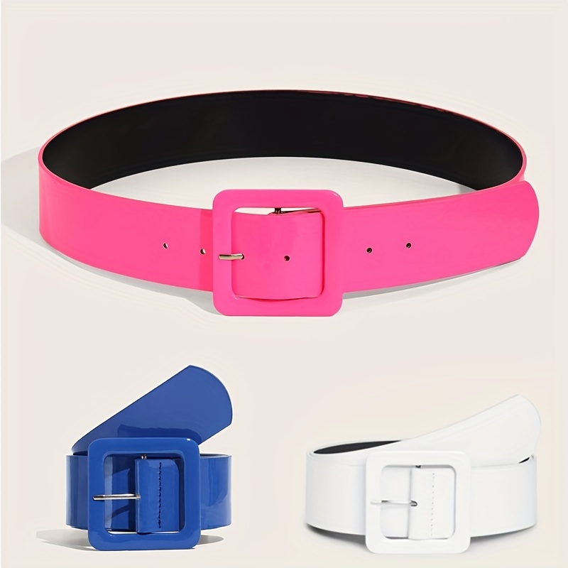 Bright Pu Leather Wide Belt Solid Color Square Pin Buckle - Temu