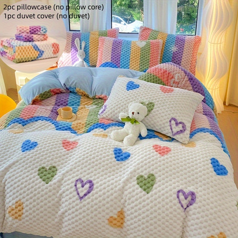 

3pcs Fleece Duvet Cover Set (1*duvet Cover + 2*pillowcase, Without Core), Rainbow Love Pattern Autumn And Winter Bedding Set, Soft Comfortable And Warm Duvet Cover, For Bedroom Guest Room Dorm