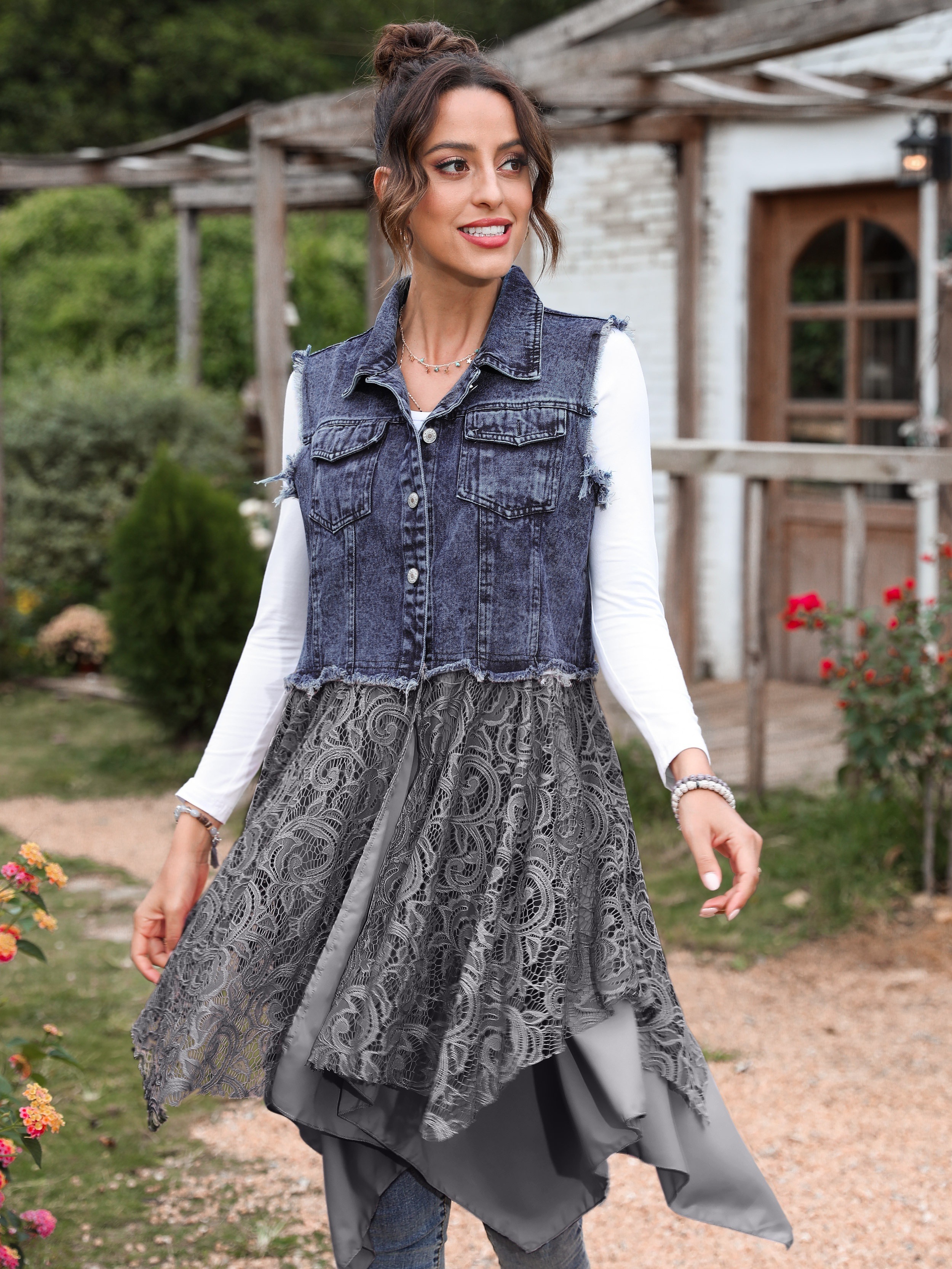 Sleeve Trim Washed Black Denim Vest Jacket Long Lace Temu