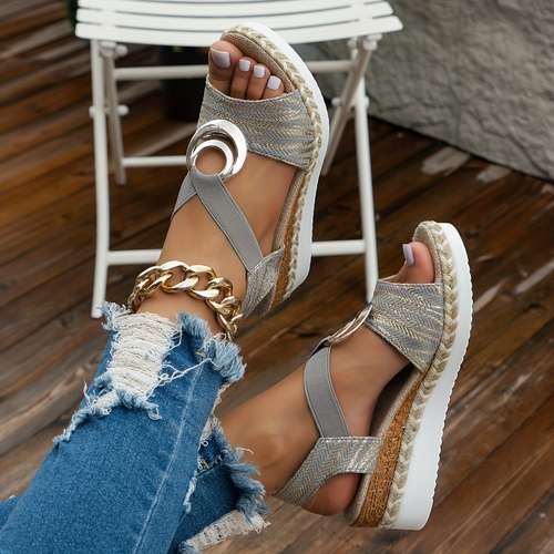 womens solid color wedge sandals buckle design platform ankle strap casual shoes versatile summer walking shoes
