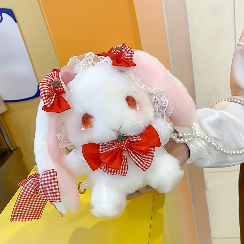 Strawberry Rabbit Design Bag Kawaii Plush Crossbody Bag With Bead Strap Women s Stylish Shoulder Bag