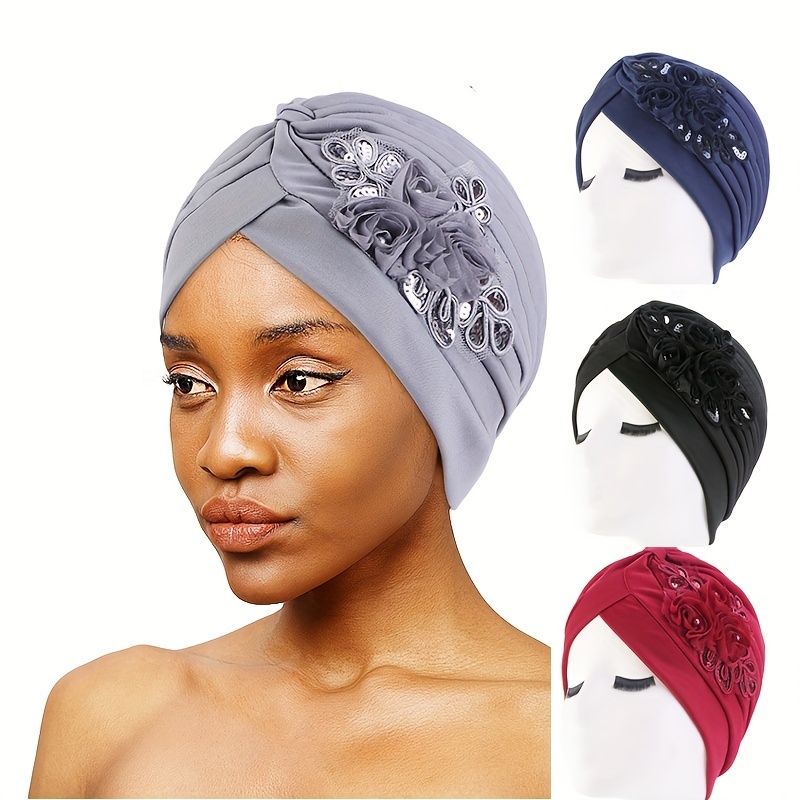 

Sequin Flower Decor Turban Cap Solid Color Elegant Pleated Bonnet Head Wrap Head Scarf Elastic Beanie Chemo Hats