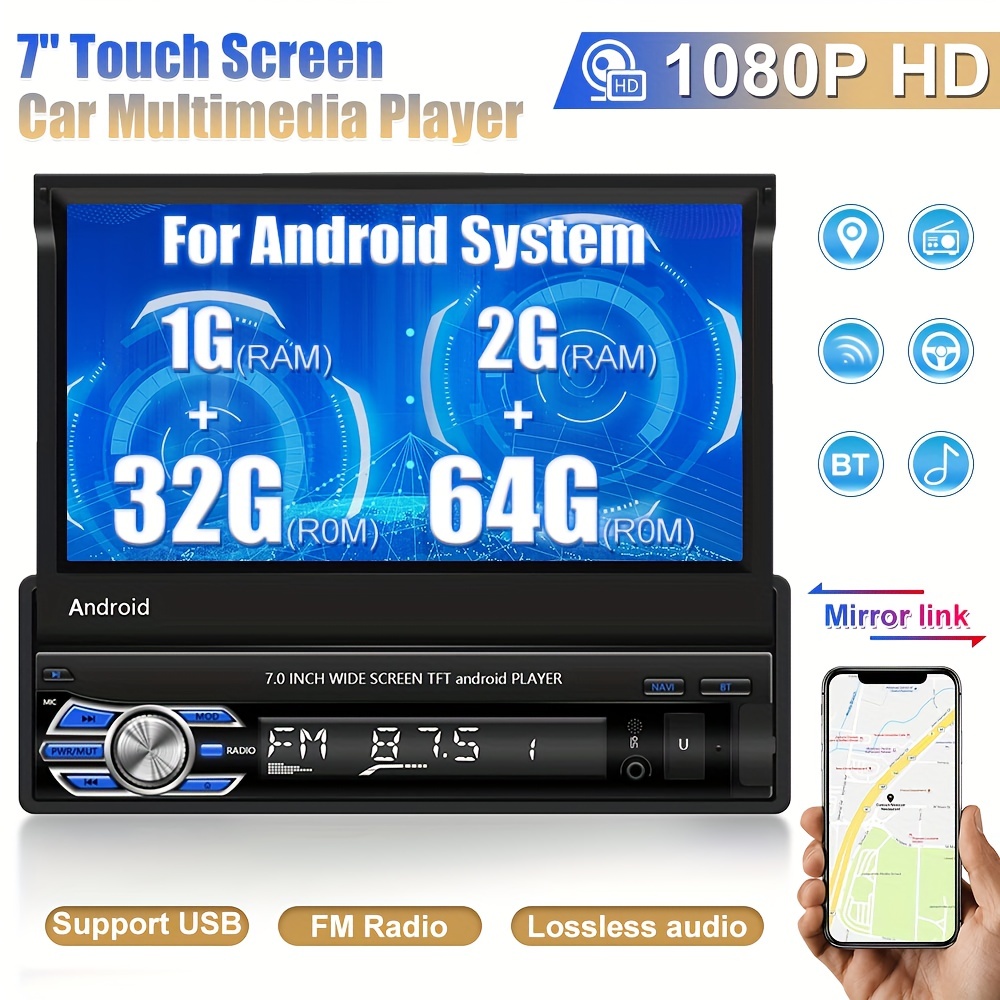 1din Android 9.0 Car Stereo With 7 Inch Retractable Display Bluetooth Wifi  Gps Navigation Head Unit Rds Fm Radio Receiver - Car Multimedia Player -  AliExpress