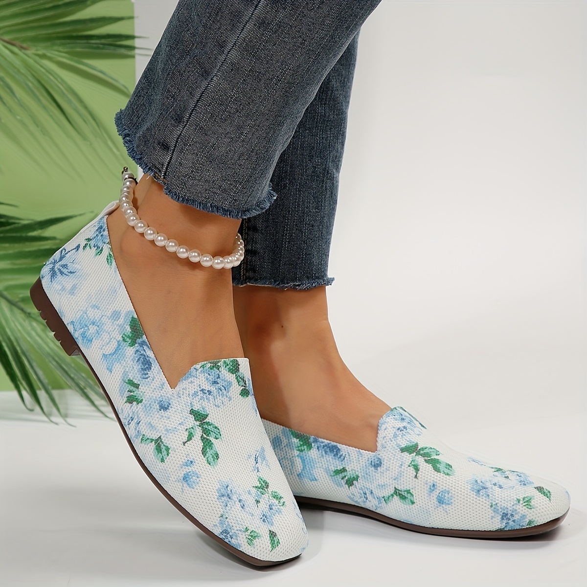 Floral Print Flat Shoes Square Toe Breathable Knit Lightweight Walking Shoes