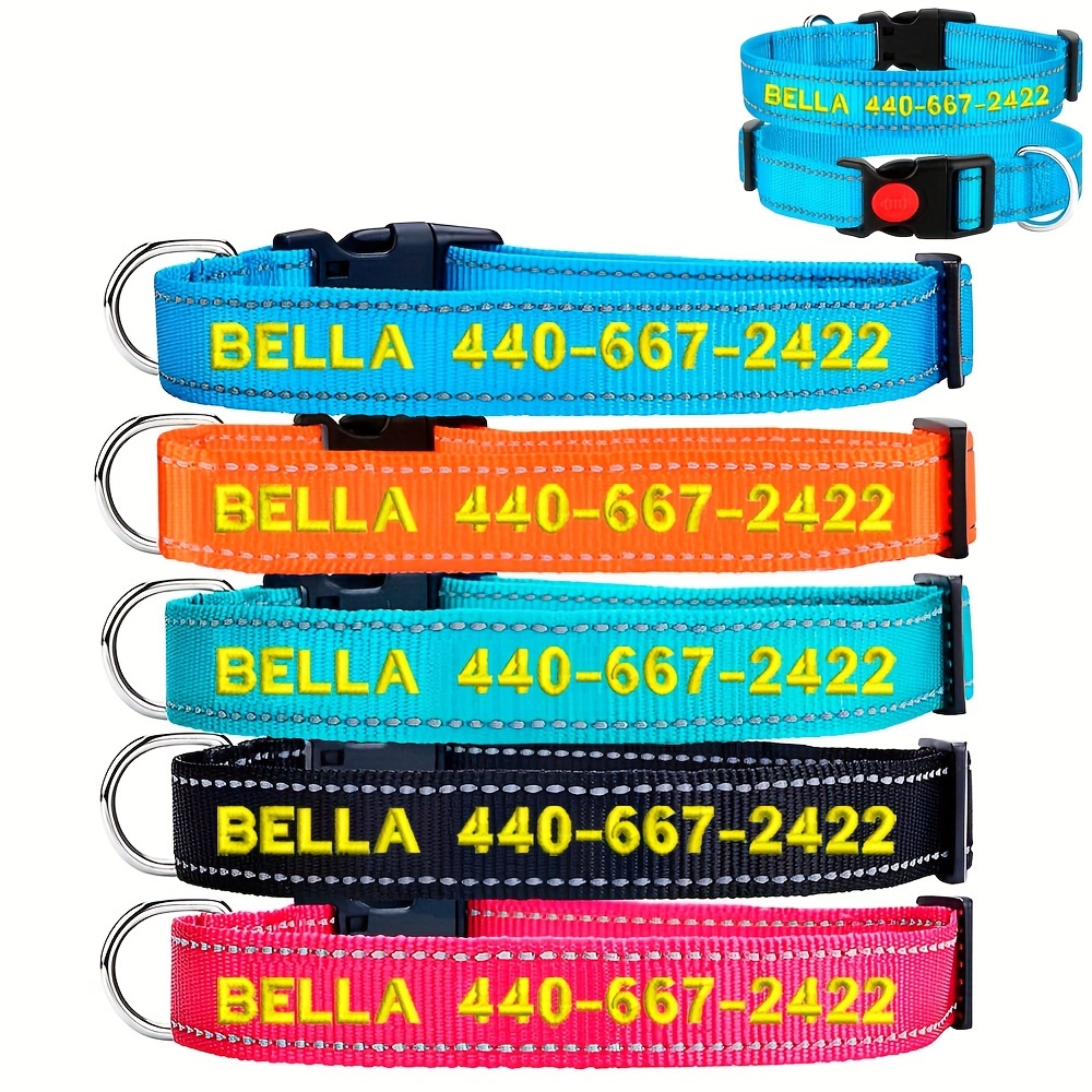 

Personalized Dog Collar With Lock Buckle, Reflective Embroidered Custom Dog Collars With Pet Name And Phone Number, In Yellow Thread Text