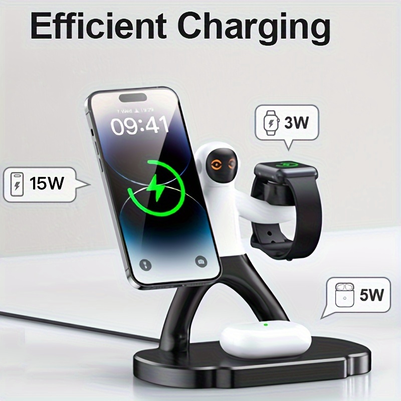 new product model astronaut wireless charging station 15w wireless magnetic charging fast charging while charging 4 devices the base has a usb cable charging output port night light charging indicator light suitable for all qi wireless charging devices suitable for 15 suitable for iwatch suitable for wireless charging function headphones suitable for samsung phones details 1