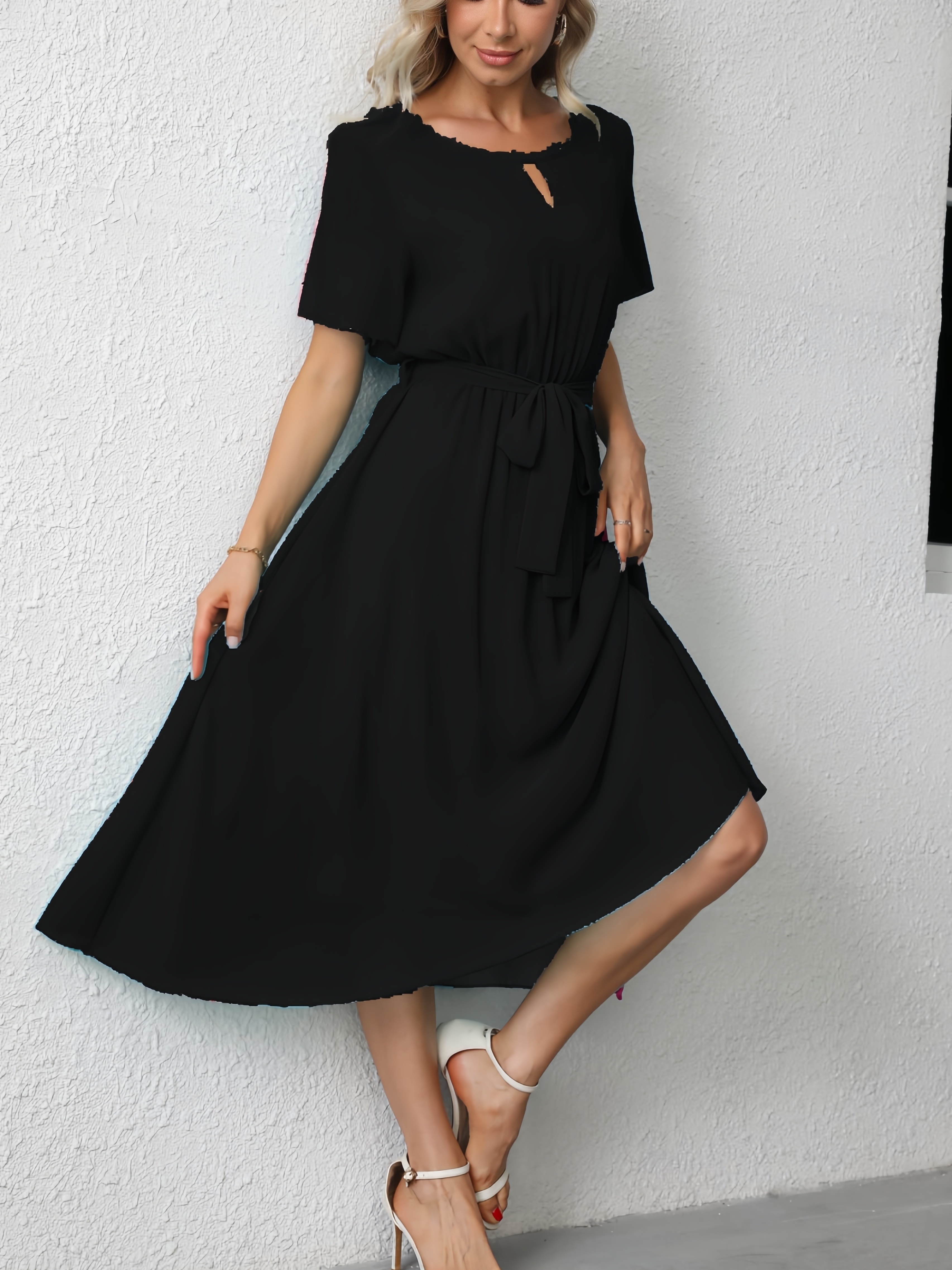 Black Turtle Neck Skater Midi Dress with Keyhole