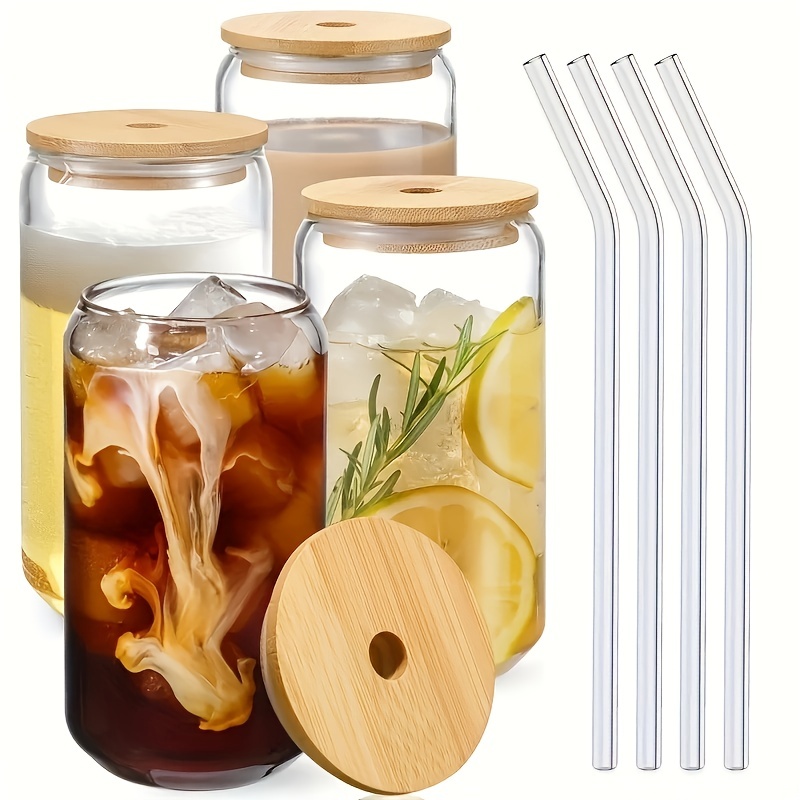 6pcs 16oz Glass Cups With Lids And Straws Clear Glass Cups For Coffee,  Beer, Tea, Wine Glasses Beverage Utensils Durable