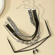 retro western style boho horn pendant flower cloth pu coin velvet cloth short necklace 4pcs set details 0