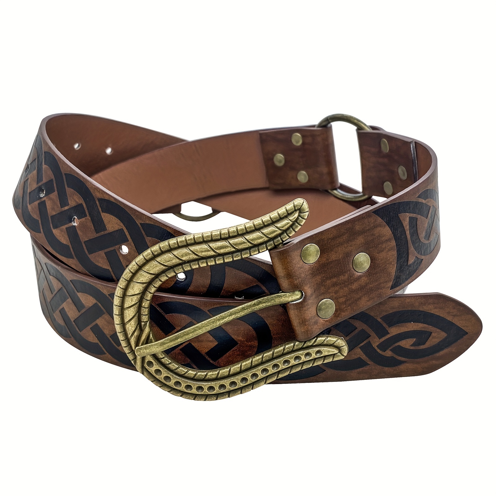 1set Mens Viking Embossed Buckle Belt Medieval Faux Leather