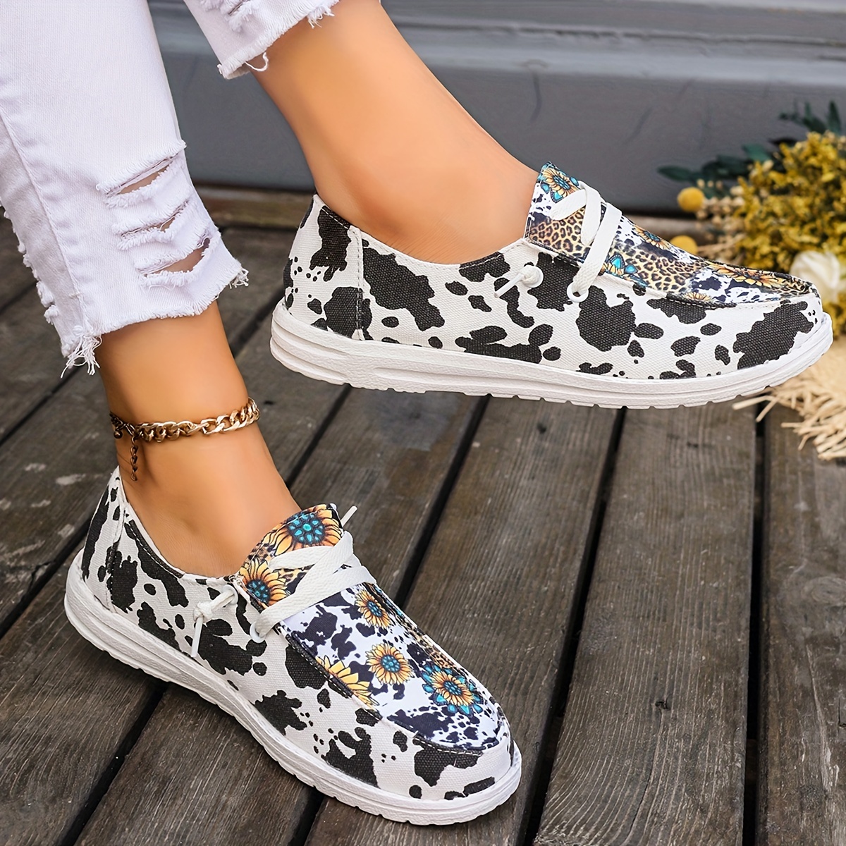 Women's Cow Print Sunflower Print Canvas Shoes Casual Round - Temu